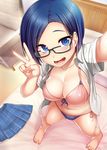  barefoot bed bikini blue_eyes blue_hair blush breasts cleavage fang foreshortening from_above front-tie_top glasses hijiri_tsukasa large_breasts looking_at_viewer navel open_clothes open_mouth open_shirt original pleated_skirt reaching_out school_uniform self_shot shirt side-tie_bikini skirt skirt_removed smile solo standing swimsuit taking_picture v 