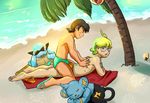  alolan_exeggutor ash_ketchum beach blush bulge canine clemont clothing duo eyewear feral flip-flops flora_fauna glasses kneeling lying male mammal nintendo nokemy on_front plant pok&eacute;mon reptile scalie seaside shinx side_view signature sleeping smile speedo squirtle straddling sunglasses swimsuit turtle video_games 