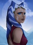  ahsoka_tano alien blue_background blue_eyes death_star facial_mark forehead_mark from_side highres lips mountain orange_skin roland-gin scar smile solo star_wars star_wars:_the_clone_wars tentacle_hair togruta upper_body 