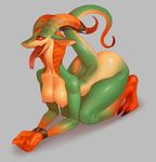  2016 all_fours arms_tied bdsm bondage bound breasts dragon female forked_tongue horn kneeling nipples open_mouth pmo0908 scalie simple_background solo tongue tongue_out 