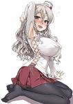  :d arm_support arm_up armpits asanagi black_legwear blush breasts brown_eyes commentary_request covered_nipples cross-laced_clothes drunk feet grey_hair hair_between_eyes hat highres kantai_collection large_breasts long_hair long_sleeves mini_hat miniskirt no_shoes nose_blush open_mouth pantyhose pleated_skirt pola_(kantai_collection) simple_background sitting skirt smile soles solo thick_eyebrows tilted_headwear toes white_background yokozuwari 
