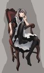  apron black_eyes chair finger_to_cheek hair_ribbon hogeo looking_at_viewer maid maid_apron original pantyhose ribbon shadow simple_background sitting solo twintails 