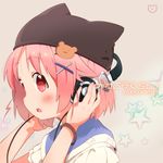  bad_id bad_pixiv_id blush bracelet character_name commentary_request copyright_name gakkou_gurashi! hair_ornament hairclip hands_on_headphones hands_on_headwear hat headphones headphones_removed jewelry looking_at_viewer okayparium open_mouth pillow_hat pink_eyes pink_hair school_uniform short_hair simple_background solo star takeya_yuki x_hair_ornament 