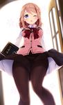  ;o aoyama_blue_mountain backlighting black_legwear black_skirt blurry blush breasts buttons collared_shirt cosplay depth_of_field from_below gochuumon_wa_usagi_desu_ka? highres hoto_cocoa hoto_cocoa_(cosplay) komone_ushio leg_up long_sleeves looking_at_viewer looking_down medium_breasts menu one_eye_closed open_door open_mouth orange_hair pantyhose pink_vest rabbit_house_uniform shirt short_hair skirt solo standing tareme vest white_shirt wing_collar 