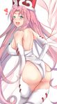  absurdly_long_hair ass blue_eyes blush breasts butt_crack commentary_request gloves heart houshin_engi large_breasts leotard long_hair open_mouth pink_hair shiny shiny_skin so_dakki solo thighhighs tight untsue very_long_hair white_gloves 