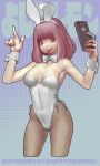  1girl cellphone character_request collaboration cowboy_shot cropped_legs daichan_mona highres holding holding_cellphone holding_phone leotard nail_polish phone self_shot smartphone solo tagme tongue 