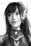  artist_name asian d.va_(overwatch) greyscale headphones highres light_smile lips long_hair looking_to_the_side monochrome overwatch portrait realistic simple_background sketch solo tracyton whisker_markings white_background 