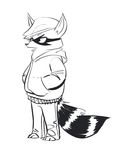  anthro clothed clothing hands_in_pockets hat hoodie justwannadraw male mammal monochrome raccoon solo standing 