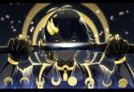  1boy abandon_ranka black_gloves black_hair blue_eyes crescent gloves glowing glowing_eyes highres japanese_clothes katana male_focus mikazuki_munechika petals sayagata sheath smile sword touken_ranbu unsheathing upper_body weapon 