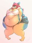  anthro belly big_belly big_breasts blue_skin breasts cat chamomile_(character) clothing colored digital_media_(artwork) embarrassed feline female fruitsloops hair hi_res mammal morbidly_obese navel obese overweight pink_eyes pink_hair shrug simple_background solo standing tan_belly thick_thighs white_background wide_hips 