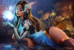  dark_skin flower mechanical_arm overwatch parted_lips partially_submerged ripples solo symmetra_(overwatch) thighhighs visor water yang_fan 