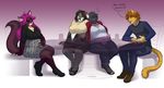  anthro canine clothed clothing feline female food fox fur group hair kittydee male mammal obese overweight sitting smile unzipped 