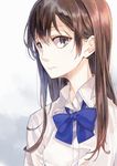  bangs blue_bow blue_neckwear bow bowtie brown_hair close-up collared_shirt dress_shirt ears grey_eyes hair_behind_ear hair_between_eyes highres light_smile long_hair looking_at_viewer mole mole_under_mouth original shirt solo tsukugu turning_head white_shirt 