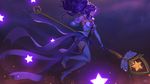  alternate_costume blue_eyes boots breasts elbow_gloves floating floating_hair gloves highres janna_windforce justin_leyva_(steamy_tomato) large_breasts league_of_legends long_hair magical_girl pointy_ears ponytail purple_hair sky solo staff star star_(sky) star_guardian_janna starry_sky thighhighs 