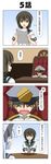  2girls 4koma blue_hair braid brown_eyes brown_hair chair closed_eyes comic crying desk dress epaulettes fingerless_gloves gloves hair_tie hat hidden_eyes highres holding holding_paper isonami_(kantai_collection) kantai_collection little_boy_admiral_(kantai_collection) long_hair military military_hat military_uniform multiple_girls murakumo_(kantai_collection) open_mouth oversized_clothes paper peaked_cap rappa_(rappaya) sailor_dress school_uniform serafuku short_sleeves sidelocks sitting sweat tears translated trembling twin_braids uniform v_arms 