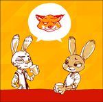  anthro beverage border canine clothed clothing cup dialogue disney duo female fox fur happy humor jack_savage judy_hopps lagomorph male mammal necktie rabbit shirt smile stripes unknown_artist zootopia 