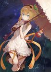  black_choker blonde_hair blue_eyes choker dress edna_(tales) gloves hair_ribbon hairband highres kikkaiki leg_ribbon looking_at_viewer ribbon short_hair side_ponytail single_glove solo star_(sky) tales_of_(series) tales_of_zestiria umbrella 