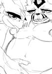  belly black_and_white black_nose claws digimon duo erect_nipples fur gabumon grope hatake licking lizard looking_at_viewer male male/male monochrome navel nipples nude open_mouth reptile scalie sharp_teeth sketch slightly_chubby slim smile snout teeth tongue tongue_out veemon 