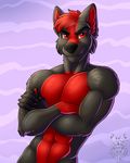  2016 5_fingers anthro biped black_fur black_nose canine claws countershade_torso countershading crossed_arms digital_media_(artwork) eyebrows front_view fur hair half-length_portrait looking_at_viewer male mammal multicolored_fur navel nude pattern_background portrait red_countershading red_eyes red_fur red_hair shado simple_background solo tasteful_nudity two_tone_fur vallhund watermark wolf 