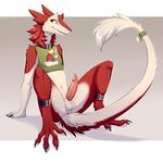  2016 anthro anus balls belt bottomless butt christmas claws clothed clothing collar fur green_eyes holidays looking_at_viewer male penis red_fur sergal shirt smile solo spread_legs spreading tail_tuft toe_claws tuft white_fur zazush-una 