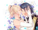  1girl black_hair blonde_hair closed_eyes couple dress elbow_gloves final_fantasy final_fantasy_xv fingerless_gloves flower gloves hetero highres imminent_kiss jewelry lunafreya_nox_fleuret necklace noctis_lucis_caelum ring smile white_dress yorukun 