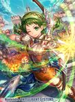  aiming arrow bandana belt boots bow_(weapon) company_connection copyright_name drawing_bow fingerless_gloves fire_emblem fire_emblem:_rekka_no_ken fire_emblem_cipher fumi_(butakotai) gloves green_eyes green_hair holding holding_arrow holding_bow_(weapon) holding_weapon knee_boots looking_at_viewer miniskirt official_art one_eye_closed outstretched_arm quiver rebecca_(fire_emblem) skirt smile solo weapon 