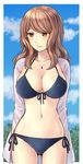  :d ass_visible_through_thighs bangs bikini bikini_under_clothes black_bikini blue_sky blurry blurry_background blush border breasts brown_eyes brown_hair cleavage closed_mouth cloud cowboy_shot day front-tie_bikini front-tie_top gokuto_jihen jewelry large_breasts long_hair long_sleeves looking_away looking_down maki_(gokuto_jihen) nanoka_(nakanaka48) navel necklace open_clothes open_mouth open_shirt outside_border pendant plant shirt side-tie_bikini skindentation sky smile solo stomach string_bikini swept_bangs swimsuit white_border 