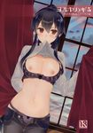  arm_behind_back black_bow black_hair black_pants blue_sky blush bow bow_bra bow_panties bra breasts buttons clothes_lift cloud cover cover_page cowboy_shot curtains doujin_cover dutch_angle evening grey_sweater hair_between_eyes highres ichinomiya_(blantte) indoors kantai_collection lifted_by_self lingerie long_hair long_sleeves looking_at_viewer medium_breasts navel nipples open_fly panties pants purple_bra purple_panties rating red_eyes scan sidelocks sky solo stomach sweater sweater_lift thigh_gap translation_request unbuttoned underwear unzipped very_long_hair window yahagi_(kantai_collection) 