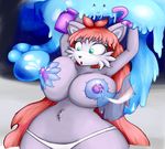  anthro armpits big_breasts blue_eyes blush breast_milking breast_squish breasts cactuscacti clothing ear_tuft feline female hair huge_breasts lactating mammal minda nipples open_mouth panties raised_arm red_hair restrained slime tuft underwear wide_hips 