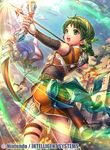  aiming armor arrow bandana battle belt bow_(weapon) castle company_connection copyright_name dragon drawing_bow elbow_gloves fingerless_gloves fire_emblem fire_emblem:_rekka_no_ken fire_emblem_cipher fumi_(butakotai) gloves green_eyes green_hair holding holding_arrow holding_bow_(weapon) holding_weapon official_art open_mouth outdoors outstretched_arm quiver rebecca_(fire_emblem) shoulder_armor skirt solo thigh_strap weapon wyvern 