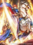  blue_eyes boots cape company_connection copyright_name detached_sleeves eliwood_(fire_emblem) fire_emblem fire_emblem:_rekka_no_ken fire_emblem_cipher holding holding_weapon horse horseback_riding knee_boots male_focus official_art open_mouth rearing red_hair riding sword weapon yamada_koutarou 
