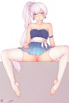  1girl :d absurdres arm_garter ass bangs bare_shoulders blue_dress blue_eyes bluefield blush choker cleft_of_venus crown dress earrings female highres jewelry long_hair looking_at_viewer no_panties one_eye_closed open_mouth purple_hair pussy rwby side_ponytail sitting smile solo spread_legs strapless strapless_dress sweat thighhighs toeless_legwear uncensored very_long_hair weiss_schnee white_legwear 
