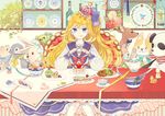  :q banner blonde_hair blue_eyes bottle bow butter_knife cake candy crown cup doughnut dress eating flower food fork fruit fruit_tart gem hair_bow half_updo holding holding_fork holding_knife knife long_hair long_sleeves looking_at_viewer mig_(36th_underground) mini_crown original parfait plate ribbon sailor_dress silverware sitting solo stuffed_animal stuffed_bunny stuffed_deer stuffed_dog stuffed_panda stuffed_penguin stuffed_pig stuffed_toy table tablecloth tart_(food) teacup teapot teddy_bear throne tongue tongue_out toy 
