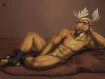  abs anthro arm_support armpits athletic bear cervine clothing eustache_(fursona) flaccid leaning_on_elbow legwear looking_at_viewer male mammal moose mostly_nude nipples pecs pelt penis penis_base pinup pose pubes rov seductive signature socks solo 