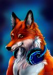  2016 anthro canine digital_media_(artwork) dustin_spang fox fur headphones hi_res looking_at_viewer male mammal orange_eyes red_fur sly smile solo turtlesfantasyarts 
