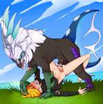  2016 anal anal_penetration balls bestiality black_fur blonde_hair bottomless clothed clothing coillte crest cum cum_in_ass cum_inside cum_on_leg cum_on_penis cum_on_stomach drooling duo feral fin fur gladion_(pok&eacute;mon) green_skin hair human human_on_feral interspecies long_hair lying male male/male mammal nintendo nude on_back outside penetration penis pok&eacute;mon purple_scales saliva scales silvally sky tongue tongue_out video_games white_fur white_hair 