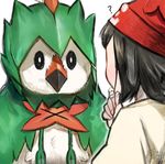  ? beanie bird black_hair dated decidueye fumuna gen_7_pokemon hat hood mask mask_removed mizuki_(pokemon) owl pokemon pokemon_(creature) pokemon_(game) pokemon_sm shirt short_hair signature t-shirt 