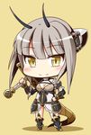  armor armored_boots boots braid breasts brown_eyes brown_hair chibi cleavage closed_mouth dragon_horns dragon_tail eyebrows_visible_through_hair eyeshadow faulds full_body genderswap genderswap_(mtf) hand_on_hip highres holding holding_sword holding_weapon horns la_pucelle_(mahoiku) long_hair looking_at_viewer magical_girl mahou_shoujo_ikusei_keikaku mahou_shoujo_ikusei_keikaku_unmarked makeup medium_breasts shachoo. shadow simple_background slit_pupils smile solo sword tail weapon yellow_background 