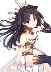  armlet asymmetrical_legwear asymmetrical_sleeves bare_shoulders black_hair breasts cleavage crossed_legs detached_sleeves earrings fate/grand_order fate_(series) highres ishtar_(fate/grand_order) jewelry long_hair long_legs looking_at_viewer medium_breasts pelvic_curtain red_eyes simple_background single_thighhigh sitting solo takehana_note thighhighs two_side_up white_background 
