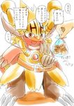  armor belt claws clothing dialogue dragon drill drum_(buddyfight) food future_card_buddyfight hair hatake helmet horn human japanese japanese_text mammal open_mouth pants plastic_bag reptile saliva scalie scarf size_difference smile text translation_request 