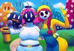  apron belt big_breasts birthmark bob-omb breasts clothing cloud eyelashes facial_hair female hair hill humanoid looking_at_viewer male mario_bros mask mataknight mustache necktie nintendo one_eye_closed outta_sync peace_sign_(disambiguation) pink_hair pipe red_hair shy-bomb shygirl shyguy smile the_hills_have_eyes video_games wind-up_key wink 