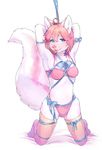  2016 anthro armpits bdsm blue_eyes blush bondage bound bra breasts bulge canine clothed clothing dickgirl fox fur hair hi_res intersex kneeling legwear long_hair mammal ondine panties pink_fur pink_hair raised_tail ribbons simple_background solo underwear white_background white_fur 