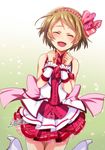  ^_^ artist_name boots brown_hair center_frills clenched_hands closed_eyes commentary_request dress erutasuku facing_viewer hairband heart high_heel_boots high_heels jumping koizumi_hanayo love_live! love_live!_school_idol_festival love_live!_school_idol_project necktie open_mouth pink_neckwear sash short_hair sleeveless sleeveless_dress smile solo vest wrist_cuffs 