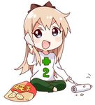  :d blonde_hair blue_eyes blush_stickers cellphone chibi chips cleaning food full_body indian_style jpeg_artifacts long_hair long_sleeves looking_to_the_side lowres namori number open_mouth pajamas pants phone potato_chips shirt simple_background sitting smartphone smile solo talking_on_phone toshinou_kyouko v-shaped_eyebrows white_background yuru_yuri 