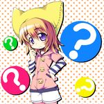  ? brown_hair choker closed_mouth cowboy_shot frown hat jacket kanibasami looking_at_viewer neneko pink_jacket polka_dot polka_dot_background purple_eyes shirt short_hair shorts solo striped striped_shirt white_shorts yellow_hat yumeria 