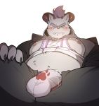  2019 anthro behemoth_(housamo) belly blush bulge clothing cum cute_fangs humanoid_hands m_ikky m_ikky_0 male monster moobs nipples one_eye_closed overweight overweight_male pants simple_background solo tokyo_afterschool_summoners video_games white_background wink 