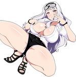  absurdres breasts cleavage eyewear_on_head glasses headband highres idolmaster idolmaster_(classic) jabara_tornado large_breasts long_hair open_clothes open_shirt purple_eyes sandals shijou_takane shirt short_shorts shorts silver_hair simple_background smile solo spread_legs squatting toes v white_background 