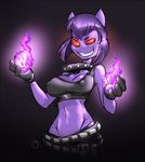  2016 anthro belt breasts cleavage clothed clothing collar crop_top duckdraw fan_character female gloves grey_background hair half-length_portrait haunter looking_at_viewer magic midriff nintendo nipple_bulge pok&eacute;mon portrait purple_body purple_hair red_sclera shirt simple_background solo spiked_collar spikes toothy_grin video_games violet_(duckdraw) yellow_eyes 