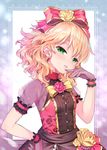  blonde_hair blush bow breasts dress flower gloves green_eyes hair_bow idolmaster idolmaster_cinderella_girls looking_at_viewer matanonki parted_lips rose sakurai_momoka short_hair small_breasts smile solo 