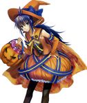  black_legwear blue_eyes blue_hair blue_ribbon collarbone dress fuji_choko hat highres imca leaning_forward long_hair looking_at_viewer orange_dress orange_hat pantyhose ponytail pumpkin ribbon senjou_no_valkyria senjou_no_valkyria_3 solo transparent_background witch_hat 